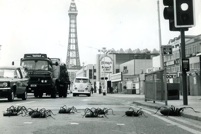 10 Giant Spiders stop the traffic on Blackpool Promenade as they make their way to the Dr Who Exhibition in 1974