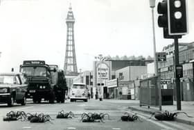 10 Giant Spiders stop the traffic on Blackpool Promenade as they make their way to the Dr Who Exhibition in 1974