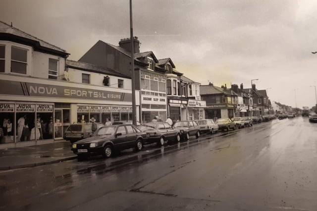 Lytham Road shopping in 1988. Nova Sports and the Discount Sleep Centre feature here