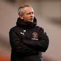 BLACKPOOL, ENGLAND - MARCH 23: Neil Critchley, Manager of Blackpool reacts prior to the Sky Bet League One match between Blackpool and Peterborough United at Bloomfield Road on March 23, 2021 in Blackpool, England. (Photo by Lewis Storey/Getty Images)