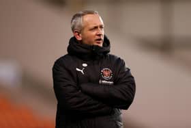 BLACKPOOL, ENGLAND - MARCH 23: Neil Critchley, Manager of Blackpool reacts prior to the Sky Bet League One match between Blackpool and Peterborough United at Bloomfield Road on March 23, 2021 in Blackpool, England. (Photo by Lewis Storey/Getty Images)