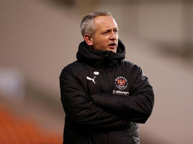 BLACKPOOL, ENGLAND - MARCH 23: Neil Critchley, Manager of Blackpool reacts prior to the Sky Bet League One match between Blackpool and Peterborough United at Bloomfield Road on March 23, 2021 in Blackpool, England. (Photo by Lewis Storey/Getty Images)