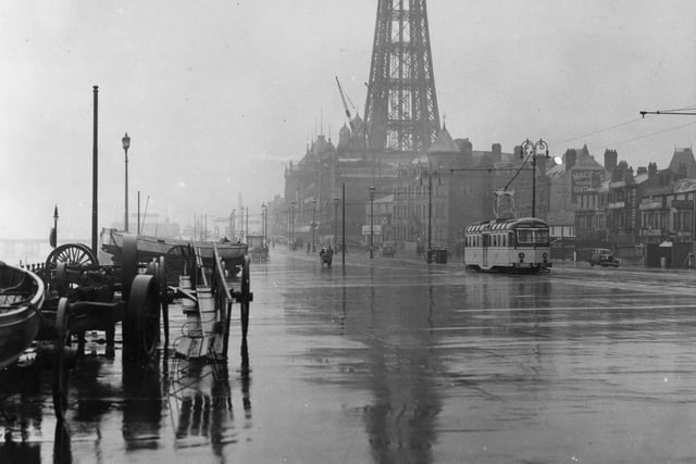 Blackpool Tower and its reflection in the rain, March 1936