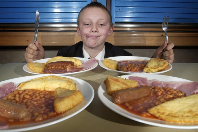 The school was raising money for charity by eating breakfast. Sam Murphy feeling peckish in 2004.