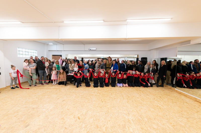 Nicky Figgins with Betty Legs Diamond with guests and students at the official of opening of Stage Door Dance Studios in Bispham. Photo: Kelvin Lister-Stuttard