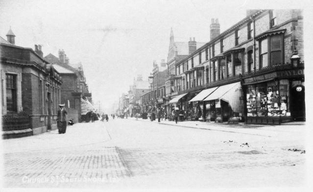 This photograph taken in the late 1890s shows the view looking south down Church Street, South Shore which was a popular shopping area. The street was later renamed Bond Street which still offers a diversity of shops