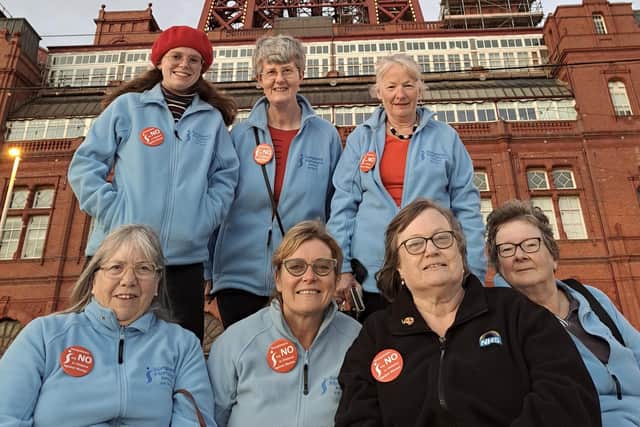 Members of Blackpool and District Soroptimists meet in front of Blackpool Tower to highlight a campaign to abolish domestic violence