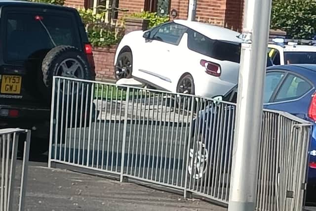 The car crashed into the roundabout in Devonshire Road/Warbreck Hill Road in Blackpool this morning (Wednesday, June 21)