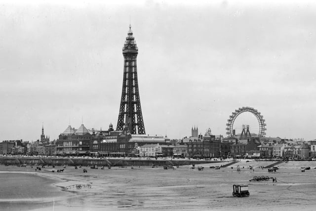 A view of Blackpool Tower across the beach from Blackpool Pier in 1910