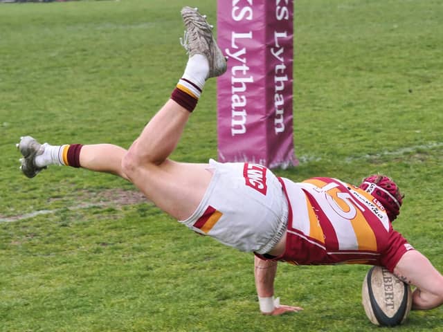 Fylde RFC's Ben Turner touches down during Saturday's defeat against Sheffield Photo: Chris Farrow/Fylde RFC