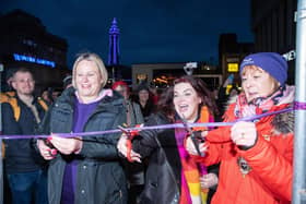 Streetlife’s Big Sleepout was officially opened by (left to right) Anna Blackburn, managing director of event sponsor Beaverbrooks, actress and singer, Jodie Prenger, and the Mayor of Blackpool, Coun Kath Benson. Pic: Claire Griffiths