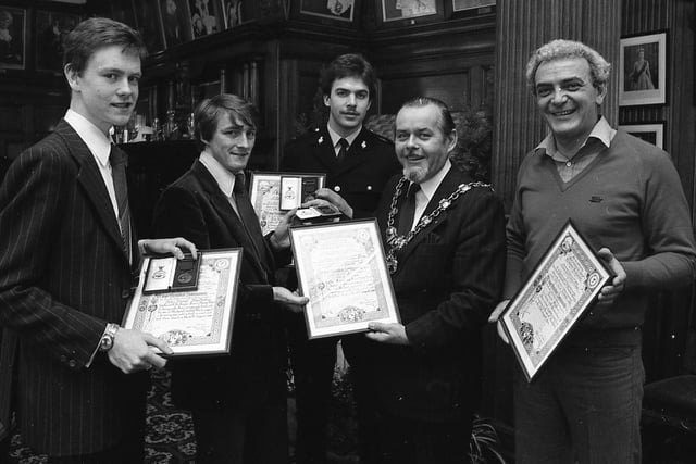 The Mayor of Blackpool Coun Colin Hanson pictured with (from left to right): Peter MacMahon, John Doran, PC Peter Burke, and David Stoddard, who were all presented with Liverpool Shipwreck and Humane Society gallantry awards at the town hall