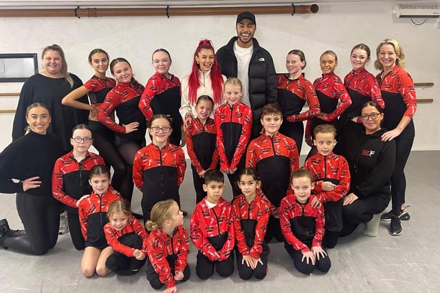 Strictly's Dianne Buswell and Tyler West pictured with students and staff at Nicky Figgins Centre Stage Academy, where they rehearsed before their Blackpool show.