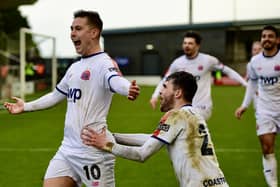 Nick Haughton celebrates the goal which gave AFC Fylde victory against Oxford City Picture: Steve McLellan