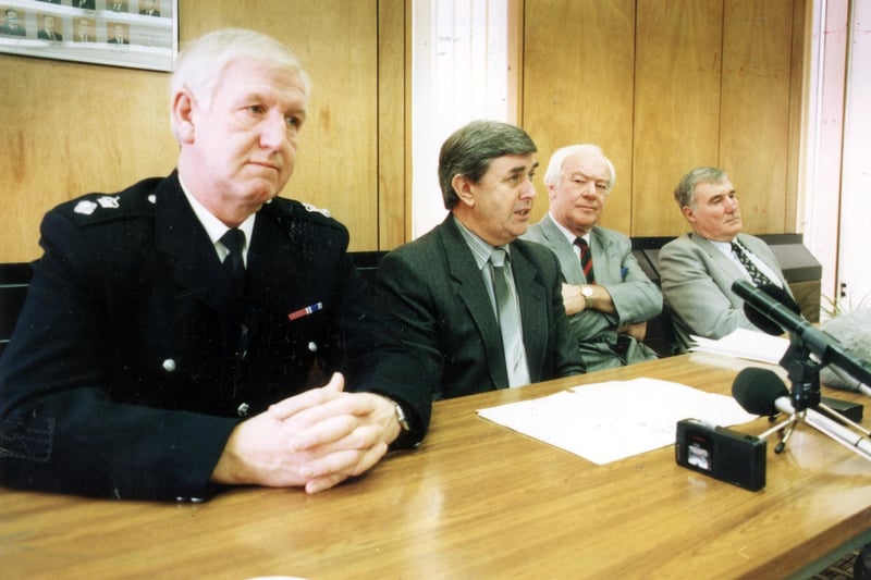 Long-serving Blackpool police chief Ken Mackay (left) at a press conference after the 1991 Christmas bombings. He said Blackpool police made a quick and effective response