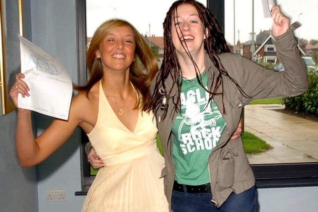 Clair Wylie 18 (left) and Jemma Blundell 18 with their A level results at Fleetwood High School in 2004