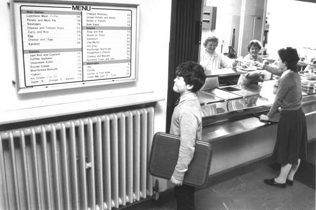 This was St Aidan's High School, late 1970's early 1980s. On the menu was luncheon meat fritter for 16p (yes 16p!) meat and potato pie for 18p. Ploughman's cheese was the most expensive on the menu at 30p with salmon at 24p