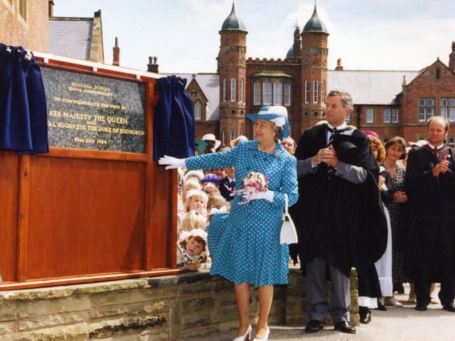 A proud moment for Rossall School as The Queen unveils a plaque outside the Big School Hall, to mark the school's 150th anniversary, with headmaster Richard Rhodes in 1994