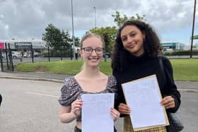 Gracie Rutter and Lauren Russell celebrate their results at St George's High School, Blackpool