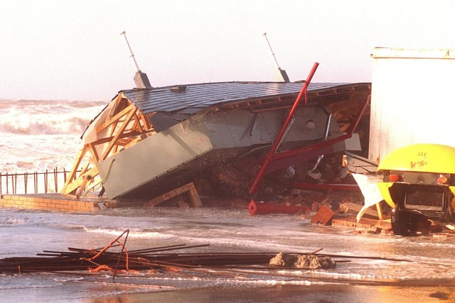 The remains of the sub station on Blackpool Promenade during the gales in February 1997 