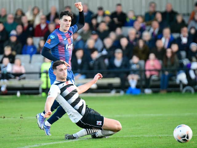 Tom Walker fires in AFC Fylde's first goal Picture: Steve McLellan