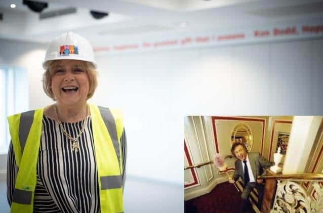 Lady Anne Dodd behind the scenes at the forthcoming Showtown museum. Inset: Sir Ken Dodd at the Grand Theatre