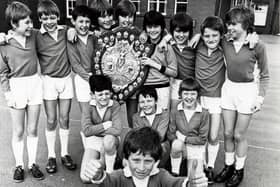 Thames Road School under 11s football team with the Blackpool Primary Schools Football League Southern Division championship shield in 1981
