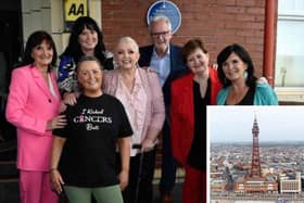 Main image: Anne, Coleen, Linda, Tommy, Denise and Maureen Nolan in Blackpool 2023. Inset: Blackpool Tower