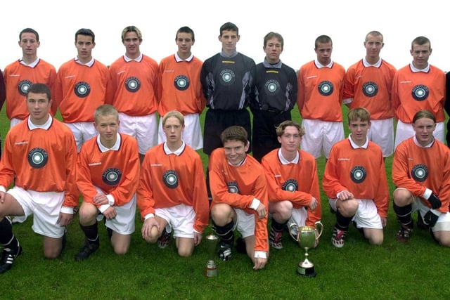 Members of the under 15s Blackpool Boys football team. Back (from right) Neal Tinkler, Martin Marlow, Nigel Marlow, Michael Redman, Ben Sly, Andrew Hogarth, Carl Riley, Tom Thackeray and Matt Walker. Front: Gavin Fausett, Nik Parkinson, Martin Holliday, Liam Larkin, Sean Lawlor (captain), Daniel Dawson and Scott Ford. The trophies are the North West Cup and Lancashire Cup