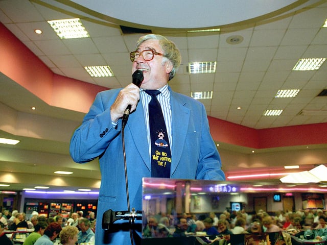 Comedian Frank Carson calling the numbers at Mecca Bingo to help raise funds for the MRI Scanner appeal in 1997