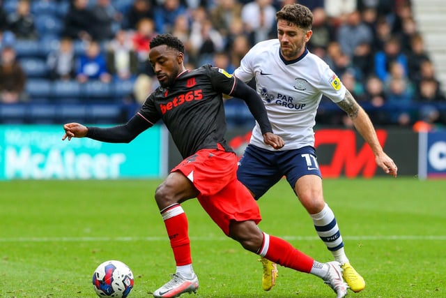 Stoke City’s Tariqe Fosu shields the ball from Preston North End's Robbie Brady

The EFL Sky Bet Championship - Preston North End v Stoke City - Saturday 15th October 2022 - Deepdale - Preston