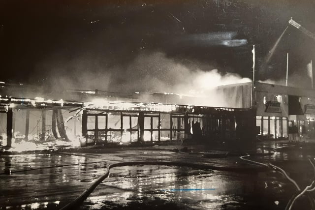 This dramatic picture shows the massive blaze which engulfed Texstyle World and neighbouring Storey Carpets in March 1988