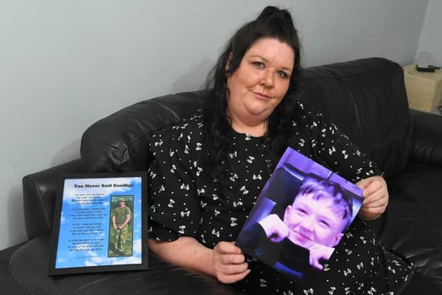 Leonnie Clark, with pictures of son Callum. Picture: Neil Cross.