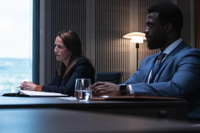 Medical investigators Callahan (Helen Behan) and Adjei (Jordan Kouame) probe a new case in ITV drama Malpractice (Picture: World Productions/ITV)