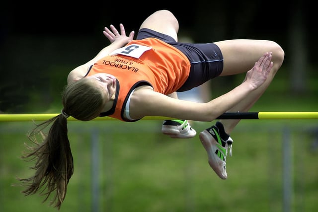 Action from the Lancashire Schools Athletics Championships, held at Stanley Park Arena in Blackpool. Zena Collins goes clear for Blackpool North in the high jump