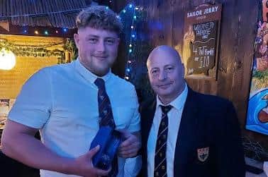 Treble award-winner Brady Barcock with Blackpool RU chairman Sean O'Brien
