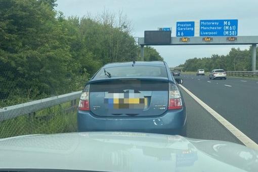 The driver of this Prius brought attention to himself after cutting up a motorist entering the road works on the M55 where he ran out of lane.
An officer said: "Turns out he wasn’t insured and had no MOT. Driver reported and vehicle seized. Instant Karma."