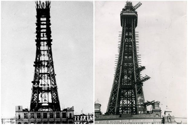 Both photographs are taken from the same point, from directly opposite at the beach. However, although they look like they were during the construction phase of the Tower and are captioned as such, the one to the right is a much later image. This could have been during repair works or even after the war. Can anyone shed some light?