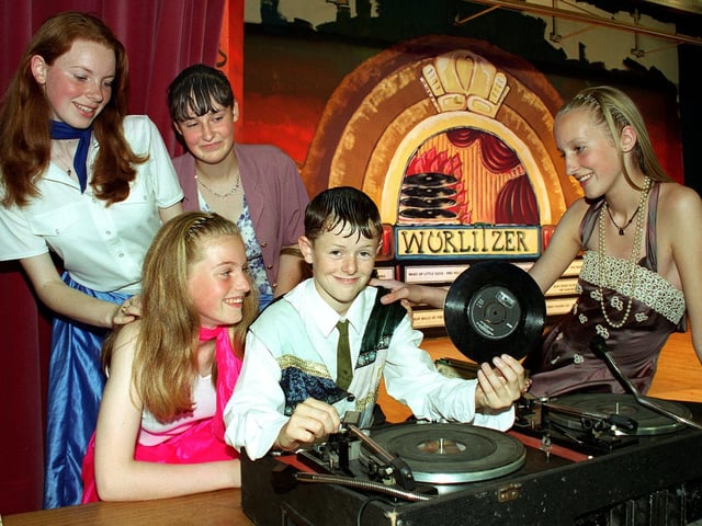 Pupils of Palatine High School performed 'Heartbreak Hotel' back in 1997. Aaron Bowkett is pictured with Emma Walker , Victoria Griffiths (seated), Nicola Nield and Carla Chadwick