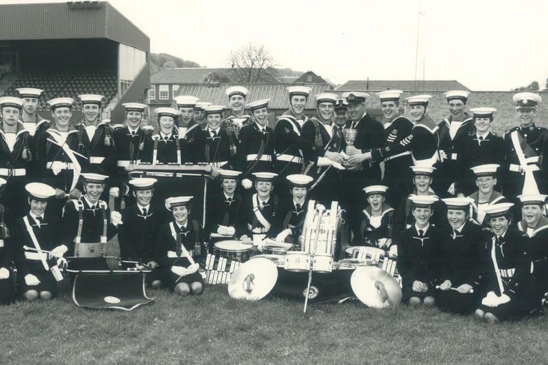 The Fleetwood Sea Cadet Band, in 1985 at Old Highbury Football Ground, with Drum Major Steve Hanvey and bandmaster Dennis Archbold