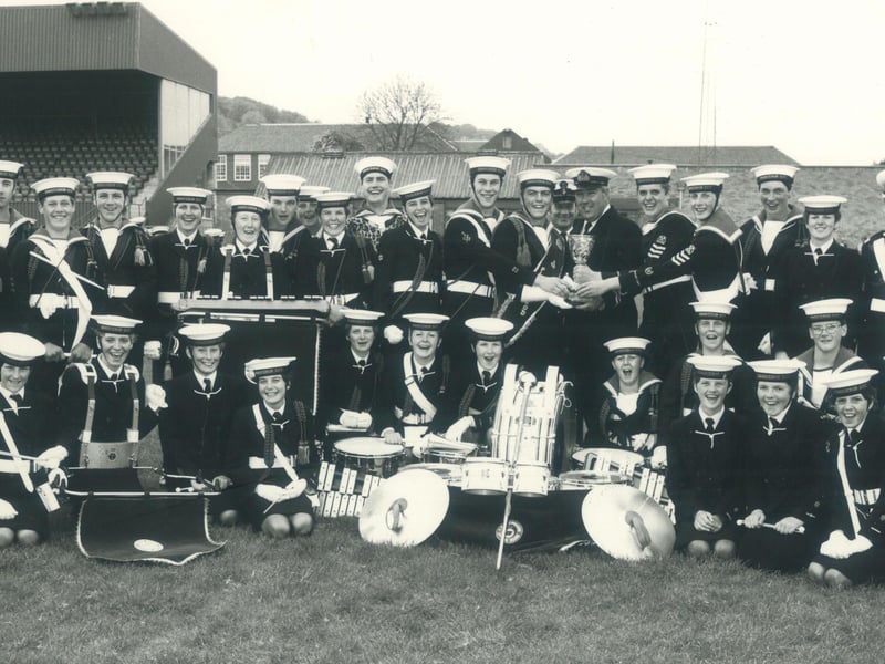 The Fleetwood Sea Cadet Band, in 1985 at Old Highbury Football Ground, with Drum Major Steve Hanvey and bandmaster Dennis Archbold