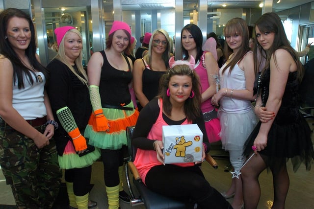 Hairdressing level one students at Lancaster and Morecambe College - Kerry Matthews, Lucy Crossland, Katy Gill, Becky Hetherington, Leanne Moore, Kerri Jackson, Hayley Chaplehow, and Hayley Baines - who dressed in tutus and styled hair to raise funds for Children In Need