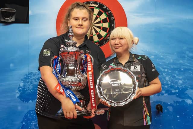 Betfred Women's World Matchplay winner Beau Greaves and runner-up Mikuru Suzuki following their final in Blackpool Picture: Taylor Lanning/PDC