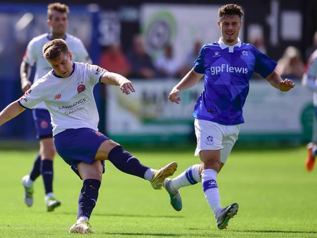 Nick Haughton scores from inside his own half during AFC Fylde's defeat at Wealdstone Picture: Steve McLellan