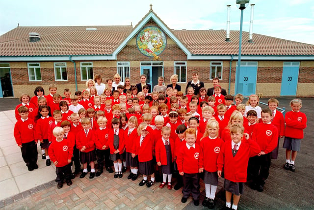 Kincraig C.P. School which opened in 1997. The picture shows the intake, with teachers and staff