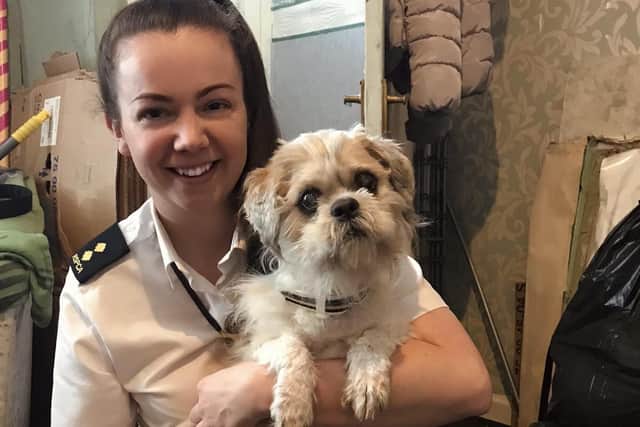 RSPCA inspector Emma Dingley with Jack, aged 9, after his much-needed grooming at the charity’s Greater Manchester Animal Hospital