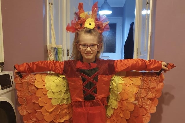 Alanna-Rose Perrie, age 6, as Fawkes the phoenix from the Harry Potter series.