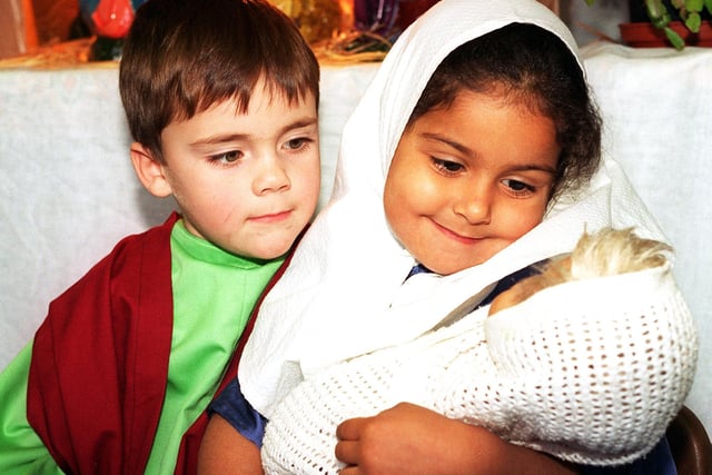 Christ the King R.C. School reception class nativity play. Bradley Stone as Joseph and Karmini Manivasan as Mary