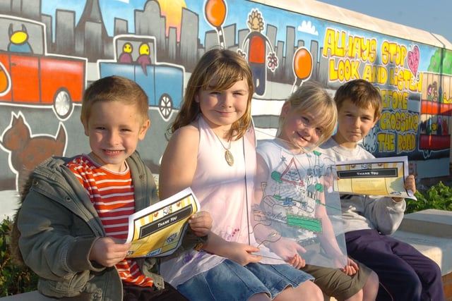 Children in front of a mural at the Surestart Centre in Gorton Street, Blackpool. The children have designed the mural to promote road safety. Pictured left to right are Jack Arrowsmith, seven, Chelsea Wilson-Carrol, 10, Claire Wilson-Carrol, six, and Jordon Rutter, eight