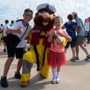 Ryan, aged 13, and Lily Wright, five,  with RNLI mascot Stormy Stan at Lytham St Annes RNLI open day. Photo: Kelvin Lister-Stuttard